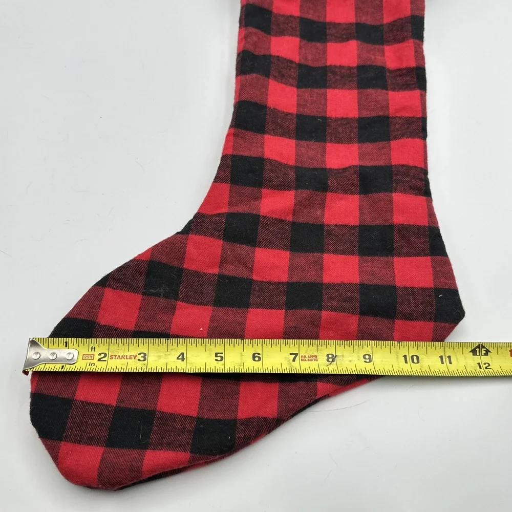 Large Red & Black Checker Plaid‎ Woven Stocking With Faux Fur Collar